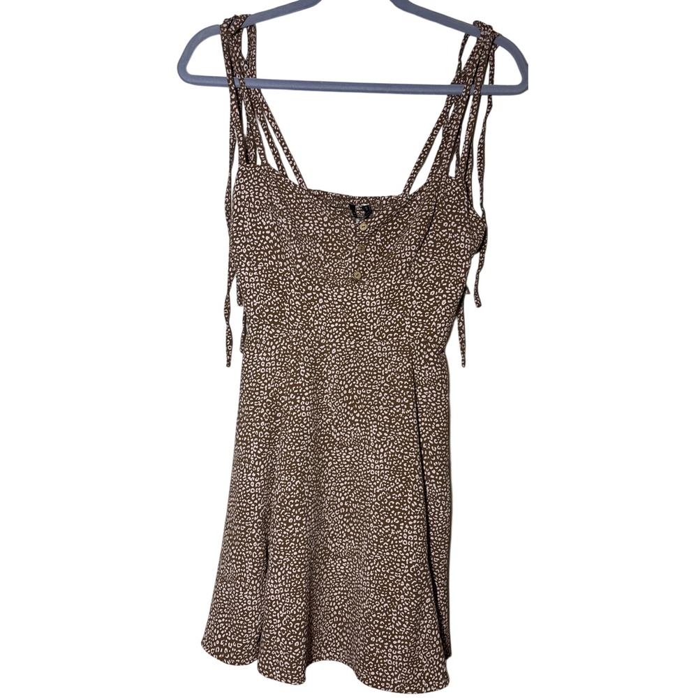 Zara Mini Dress Women's Brown Excellent Leopard Print Smocked Tie Strap Size XS